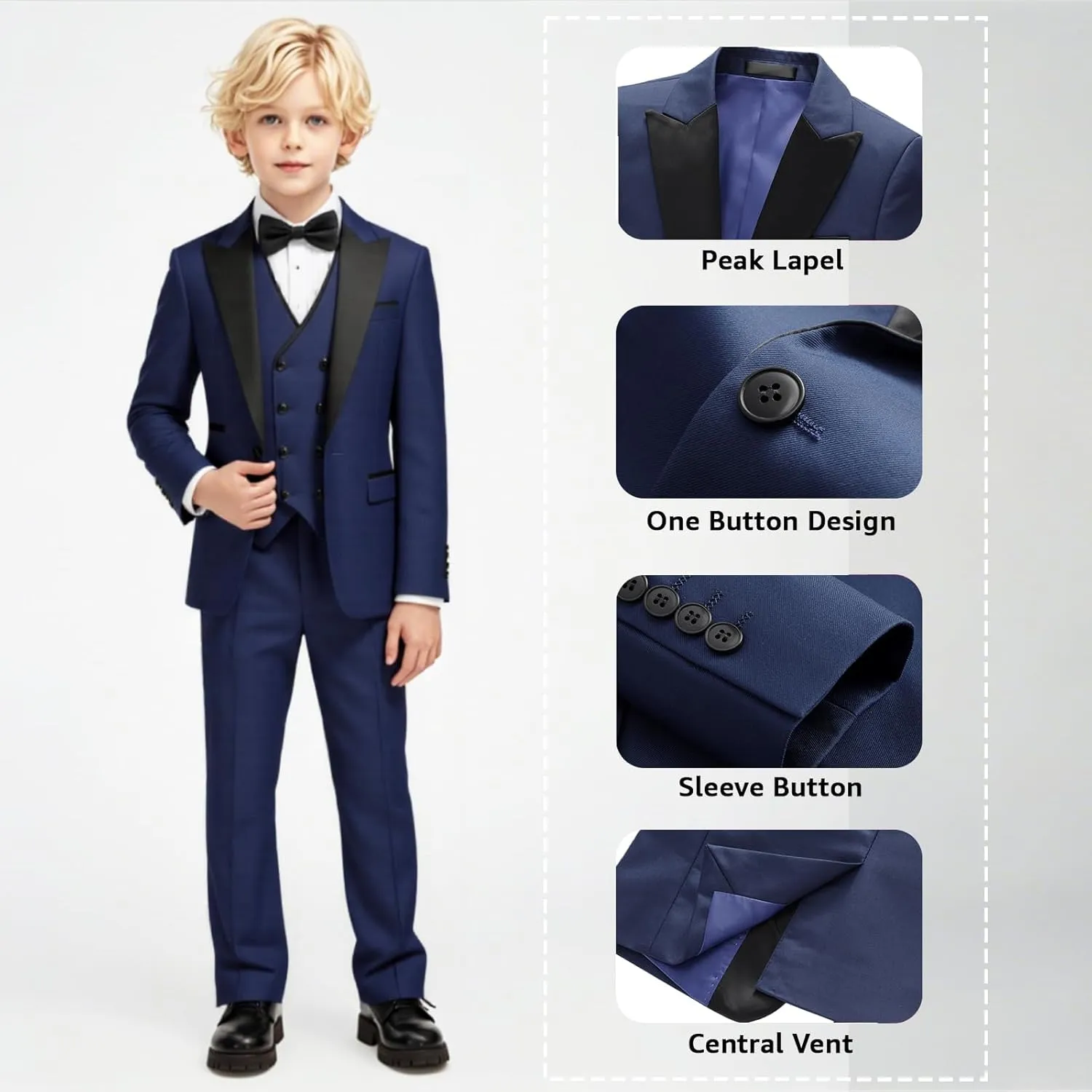 Boys Suit Set Slim Fit 4 Piece Formal Outfits Kids Suits Tuxedo Boys Vest Blazer Pants with Bow Tie for Wedding