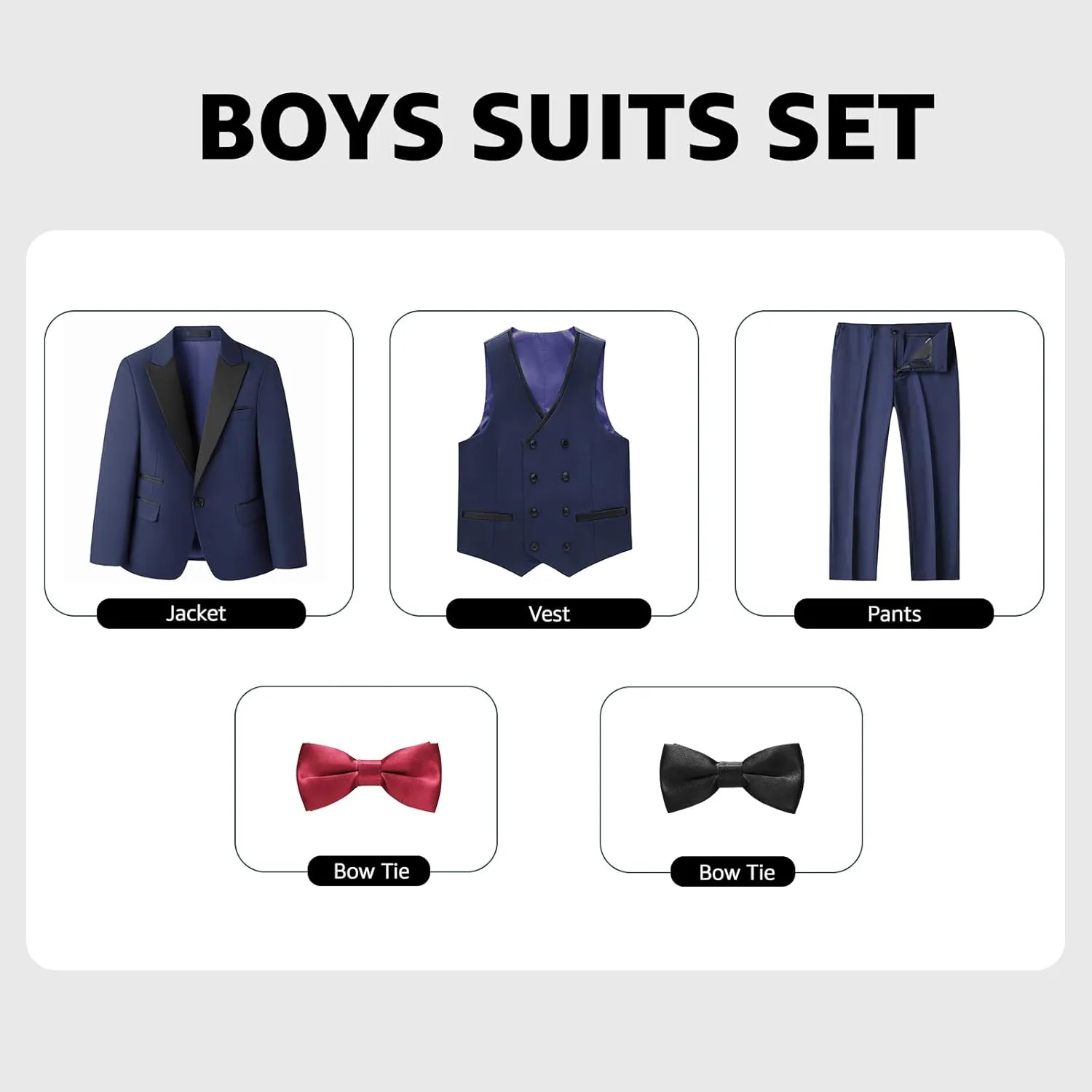 Boys Suit Set Slim Fit 4 Piece Formal Outfits Kids Suits Tuxedo Boys Vest Blazer Pants with Bow Tie for Wedding