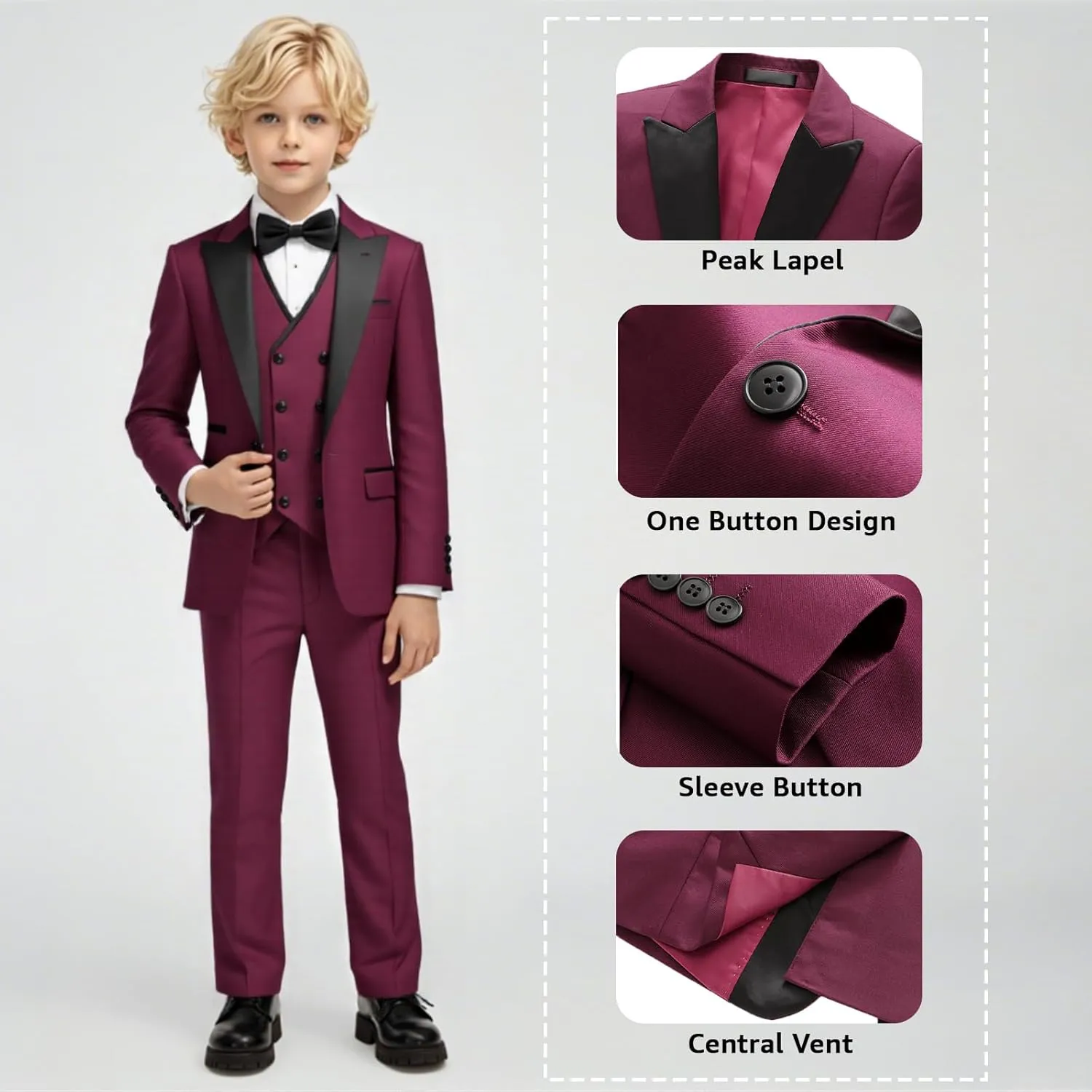 Boys Suit Set Slim Fit 4 Piece Formal Outfits Kids Suits Tuxedo Boys Vest Blazer Pants with Bow Tie for Wedding