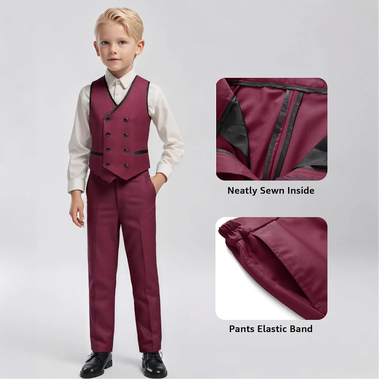 Boys Suit Set Slim Fit 4 Piece Formal Outfits Kids Suits Tuxedo Boys Vest Blazer Pants with Bow Tie for Wedding