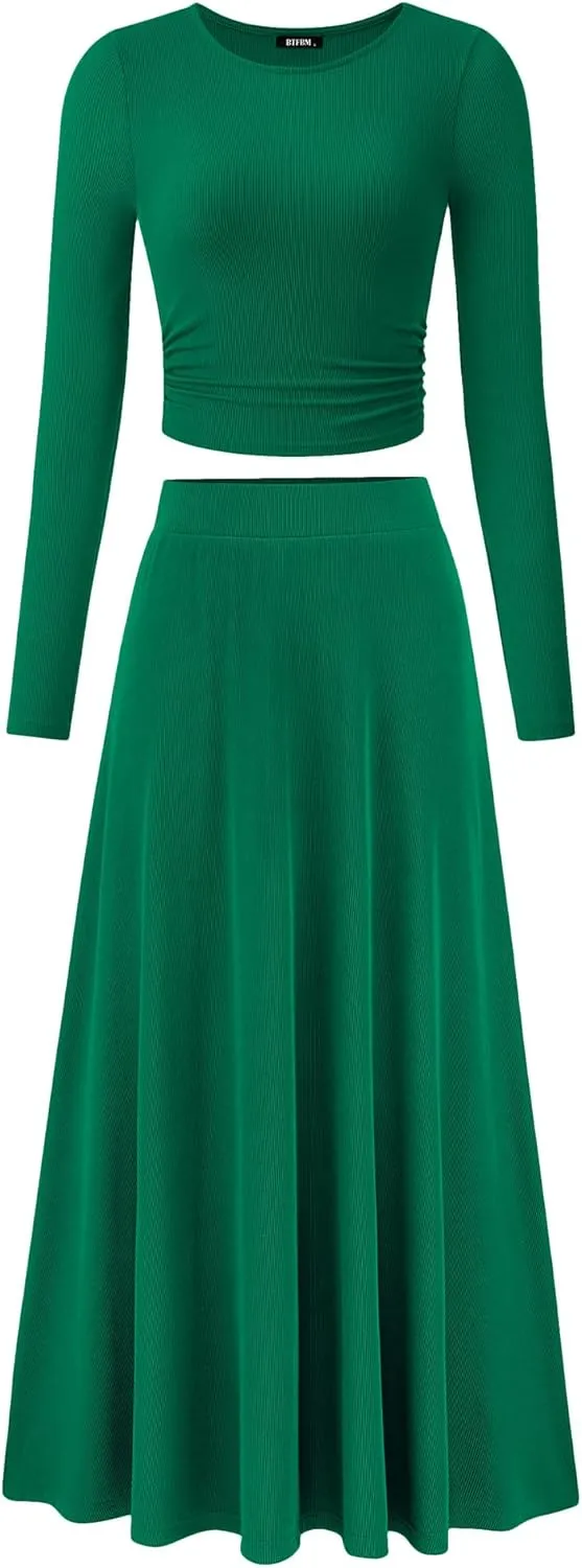 BTFBM Two Piece Skirt Sets For Women 2024 Trendy Fall Outfits Ribbed Knit Long Sleeve Crop Top Flowy Maxi Skirt Set