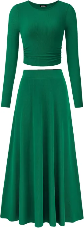BTFBM Two Piece Skirt Sets For Women 2024 Trendy Fall Outfits Ribbed Knit Long Sleeve Crop Top Flowy Maxi Skirt Set