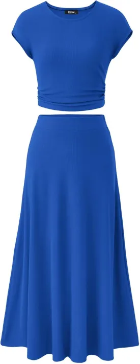BTFBM Women Two Piece Skirt Set Summer 2025 Casual Vacation Crew Neck Short Sleeve Cropped Top Elastic Waist Midi Skirts