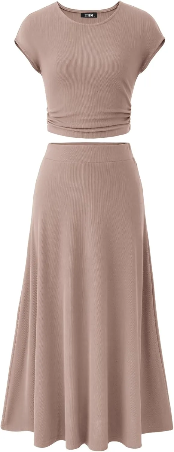 BTFBM Women Two Piece Skirt Set Summer 2025 Casual Vacation Crew Neck Short Sleeve Cropped Top Elastic Waist Midi Skirts
