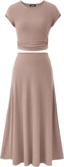 BTFBM Women Two Piece Skirt Set Summer 2025 Casual Vacation Crew Neck Short Sleeve Cropped Top Elastic Waist Midi Skirts
