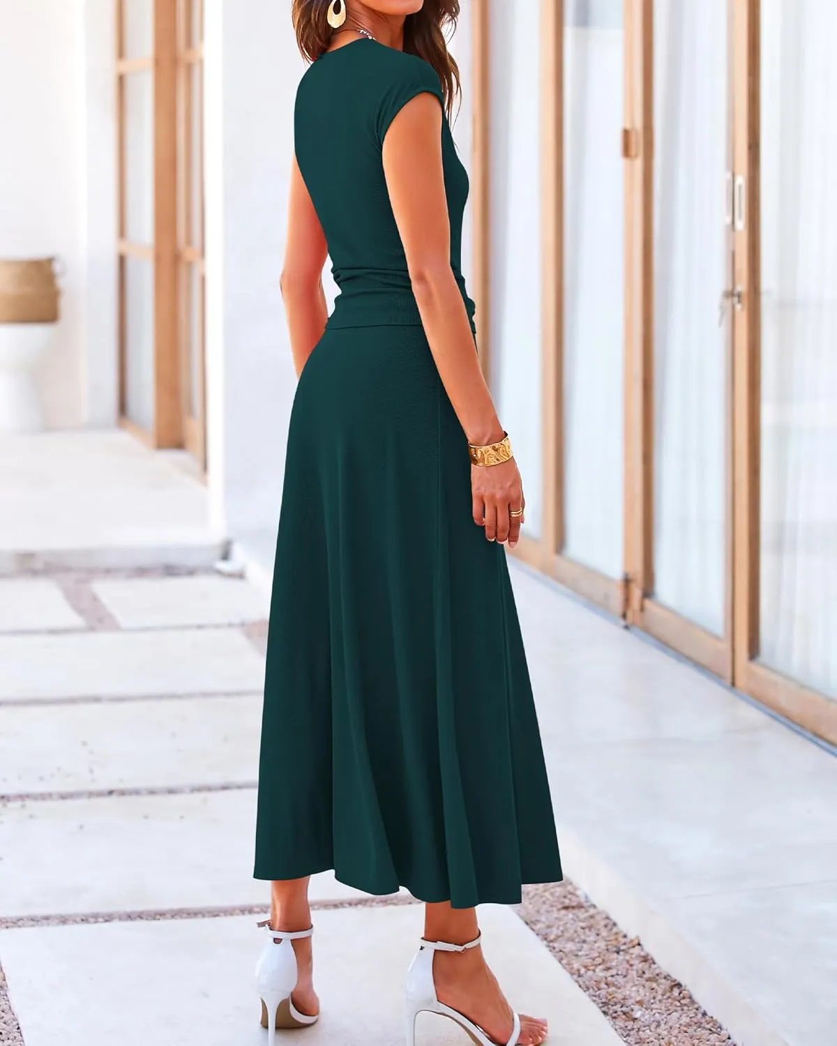 BTFBM Women Two Piece Skirt Set Summer 2025 Casual Vacation Crew Neck Short Sleeve Cropped Top Elastic Waist Midi Skirts