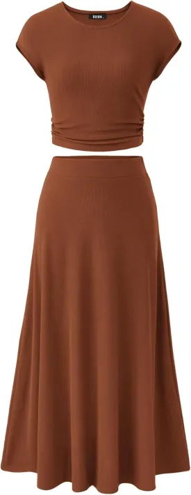 BTFBM Women Two Piece Skirt Set Summer 2025 Casual Vacation Crew Neck Short Sleeve Cropped Top Elastic Waist Midi Skirts