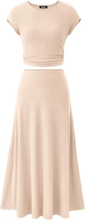 BTFBM Women Two Piece Skirt Set Summer 2025 Casual Vacation Crew Neck Short Sleeve Cropped Top Elastic Waist Midi Skirts