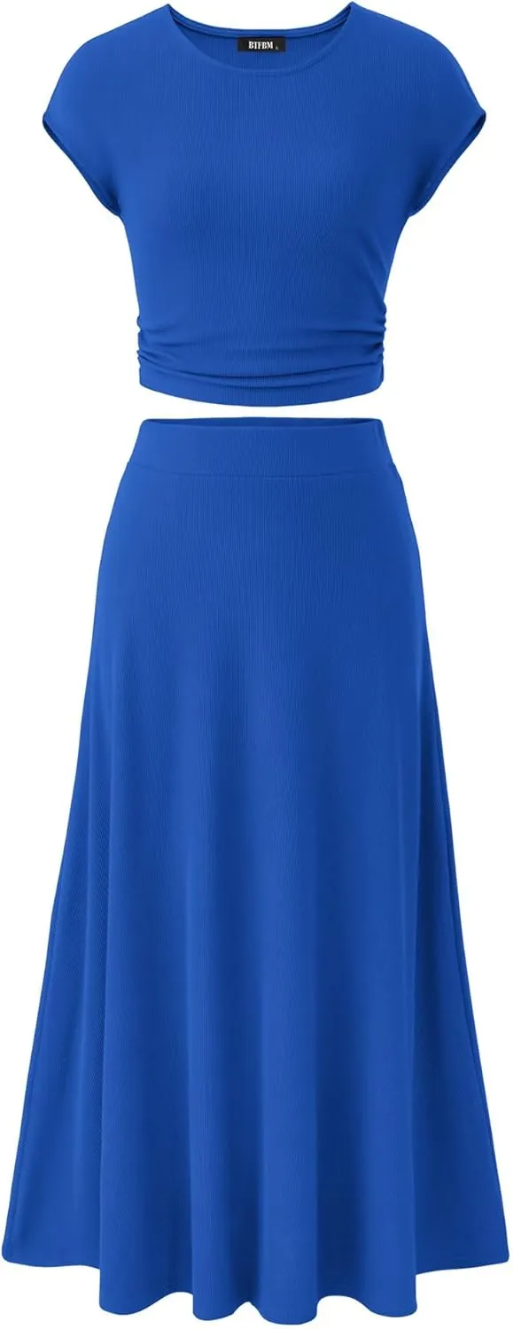 BTFBM Women Two Piece Skirt Set Summer 2025 Casual Vacation Crew Neck Short Sleeve Cropped Top Elastic Waist Midi Skirts