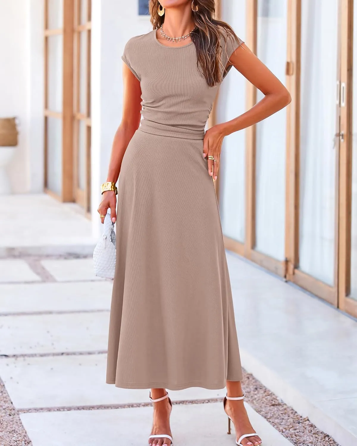 BTFBM Women Two Piece Skirt Set Summer 2025 Casual Vacation Crew Neck Short Sleeve Cropped Top Elastic Waist Midi Skirts