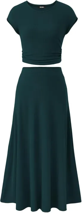 BTFBM Women Two Piece Skirt Set Summer 2025 Casual Vacation Crew Neck Short Sleeve Cropped Top Elastic Waist Midi Skirts