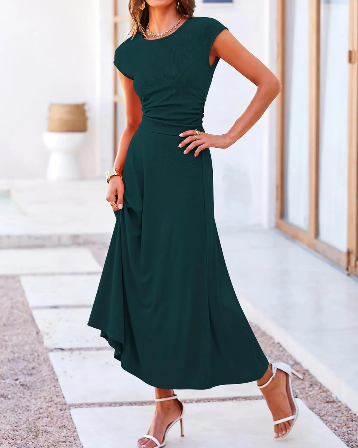 BTFBM Women Two Piece Skirt Set Summer 2025 Casual Vacation Crew Neck Short Sleeve Cropped Top Elastic Waist Midi Skirts