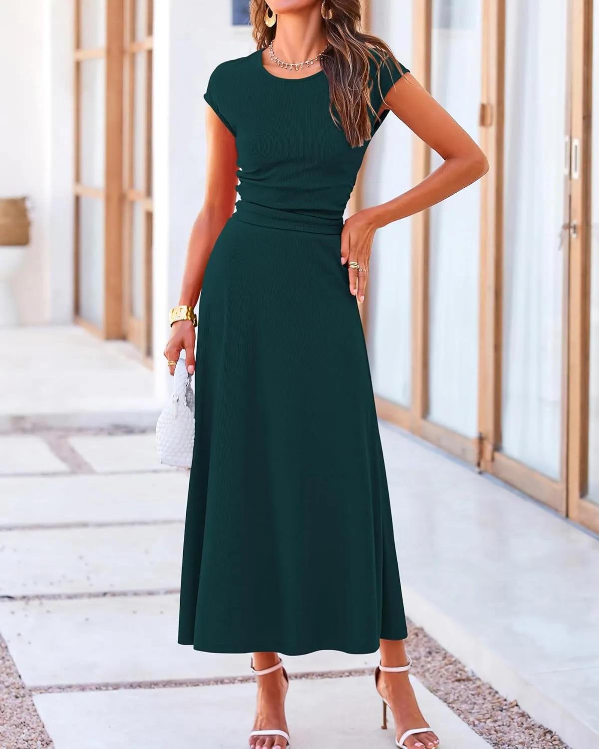BTFBM Women Two Piece Skirt Set Summer 2025 Casual Vacation Crew Neck Short Sleeve Cropped Top Elastic Waist Midi Skirts
