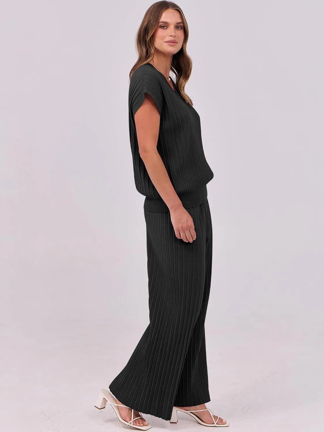 Caracilia Womens Two Piece Outfits Cap Sleeve Sweater Vest Wide Leg Lounge Pants Sets Casual Matching Summer Clothing