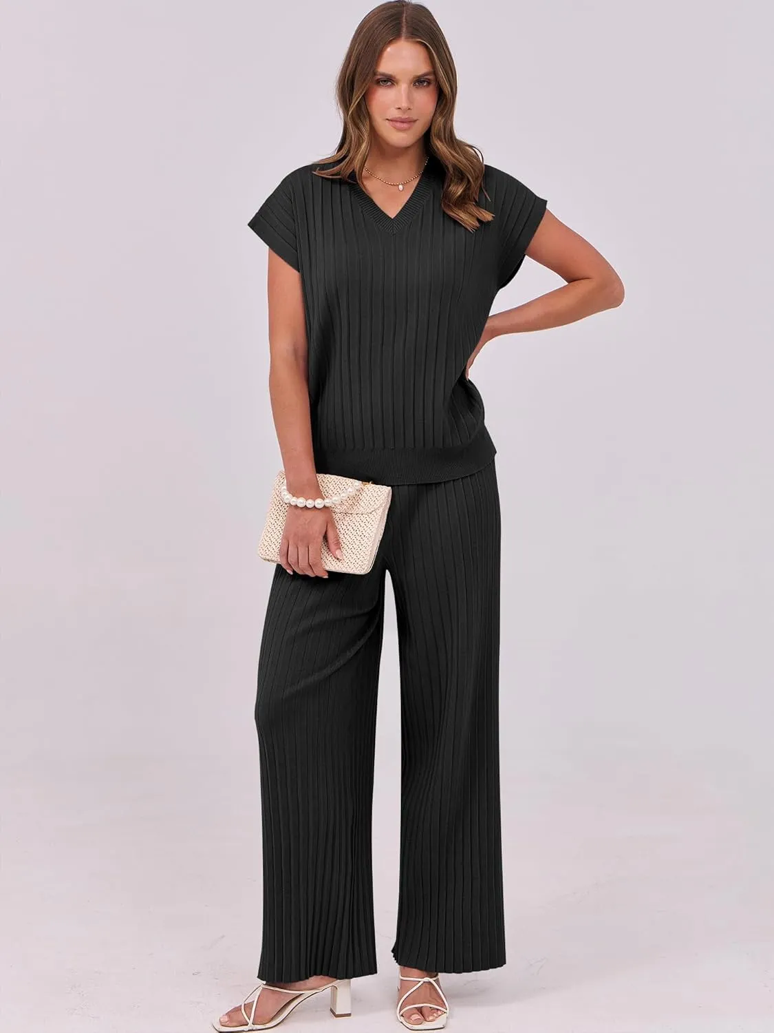 Caracilia Womens Two Piece Outfits Cap Sleeve Sweater Vest Wide Leg Lounge Pants Sets Casual Matching Summer Clothing