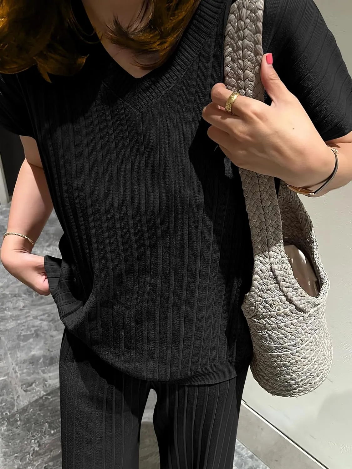 Caracilia Womens Two Piece Outfits Cap Sleeve Sweater Vest Wide Leg Lounge Pants Sets Casual Matching Summer Clothing