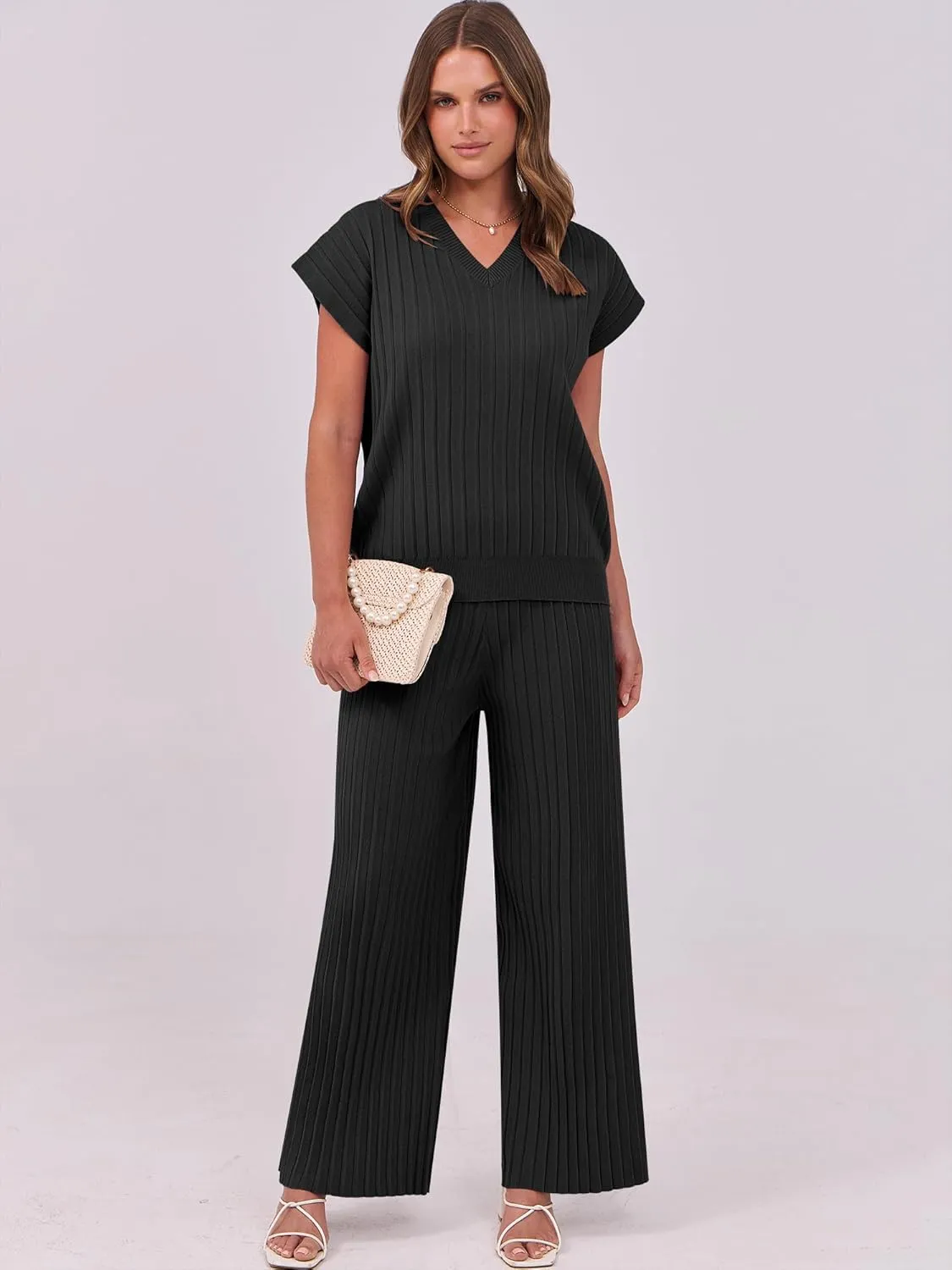 Caracilia Womens Two Piece Outfits Cap Sleeve Sweater Vest Wide Leg Lounge Pants Sets Casual Matching Summer Clothing