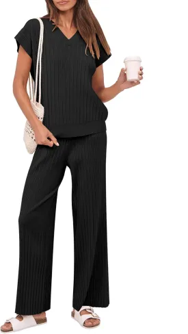 Caracilia Womens Two Piece Outfits Cap Sleeve Sweater Vest Wide Leg Lounge Pants Sets Casual Matching Summer Clothing