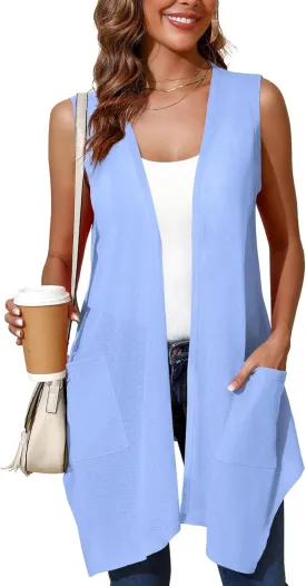 Cardigan for Women Drape Shrugs Open Front Sleeveless Vest Lightweight Cover Ups with Pocket