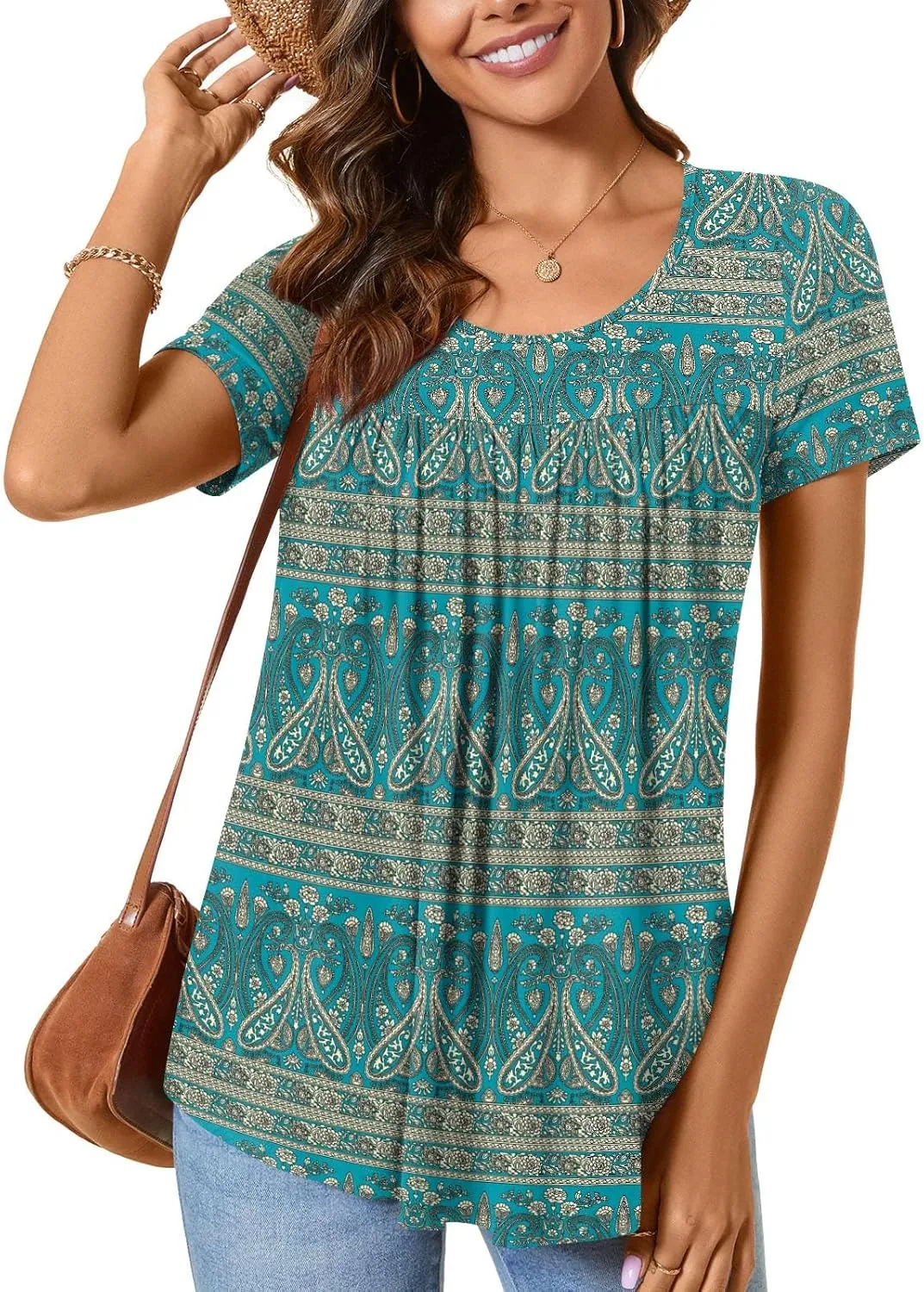 CATHY Women's 2025 Summer Short Sleeve Tunic Tops Loose Fit Comfy Blouses Casual Shirts for Leggings M-4XL