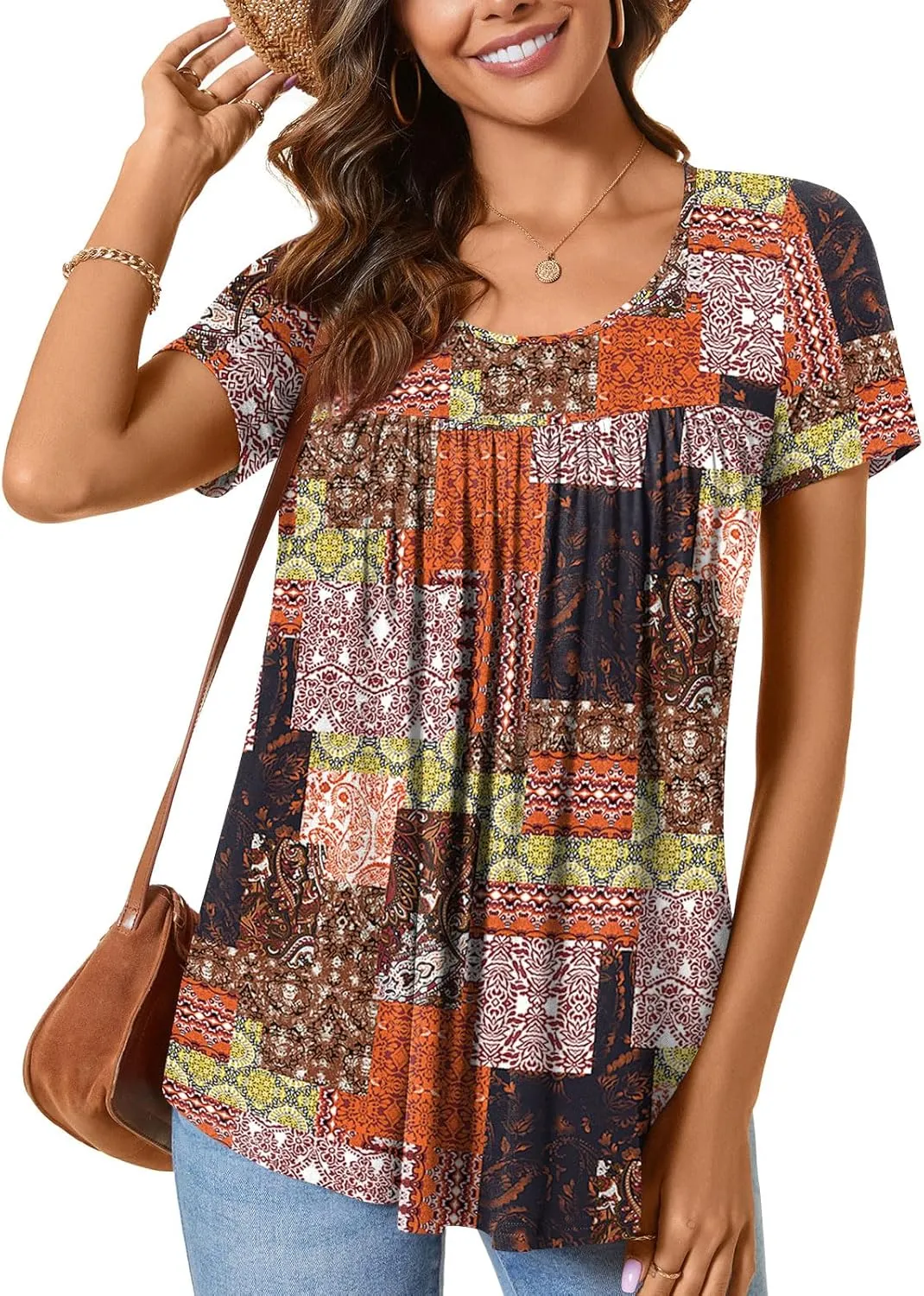 CATHY Women's 2025 Summer Short Sleeve Tunic Tops Loose Fit Comfy Blouses Casual Shirts for Leggings M-4XL