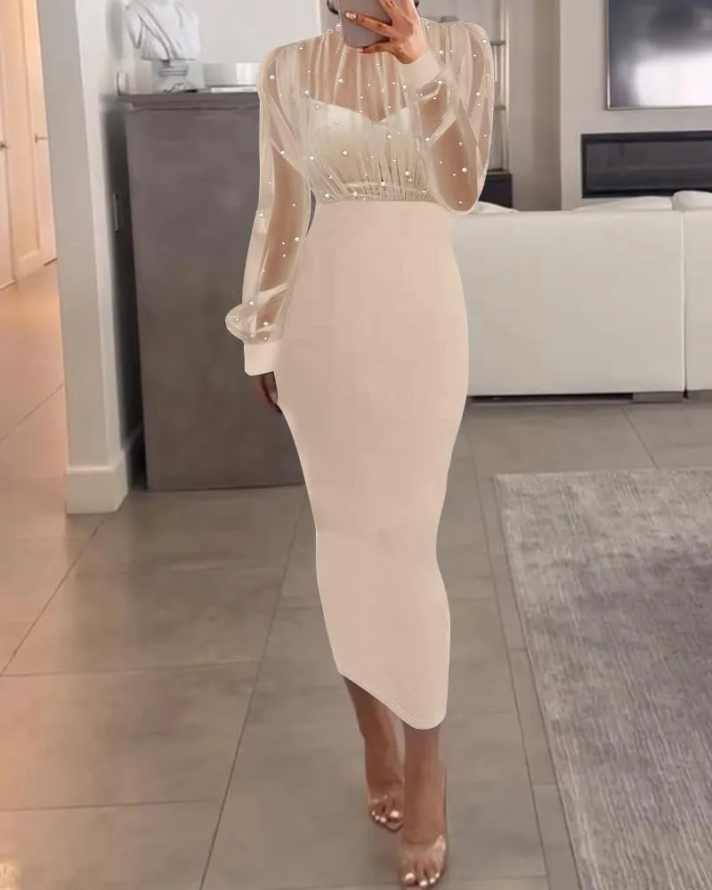 CHICME Women's Sexy Bodycon Midi Dress Mock Neck Long Sleeve Sheer Dresses Beaded Night Club Party Dresses