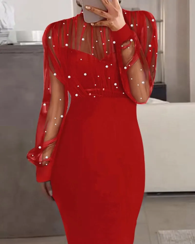 CHICME Women's Sexy Bodycon Midi Dress Mock Neck Long Sleeve Sheer Dresses Beaded Night Club Party Dresses