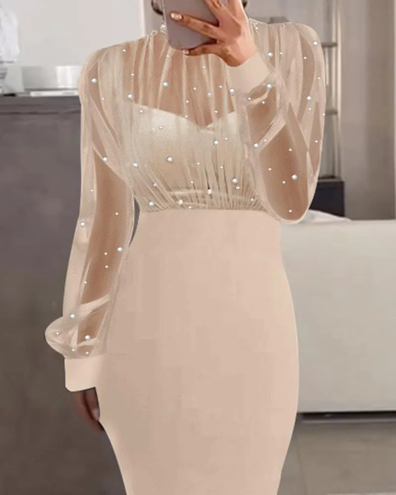 CHICME Women's Sexy Bodycon Midi Dress Mock Neck Long Sleeve Sheer Dresses Beaded Night Club Party Dresses