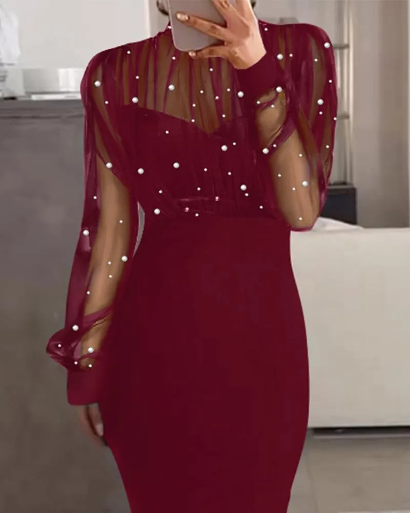 CHICME Women's Sexy Bodycon Midi Dress Mock Neck Long Sleeve Sheer Dresses Beaded Night Club Party Dresses
