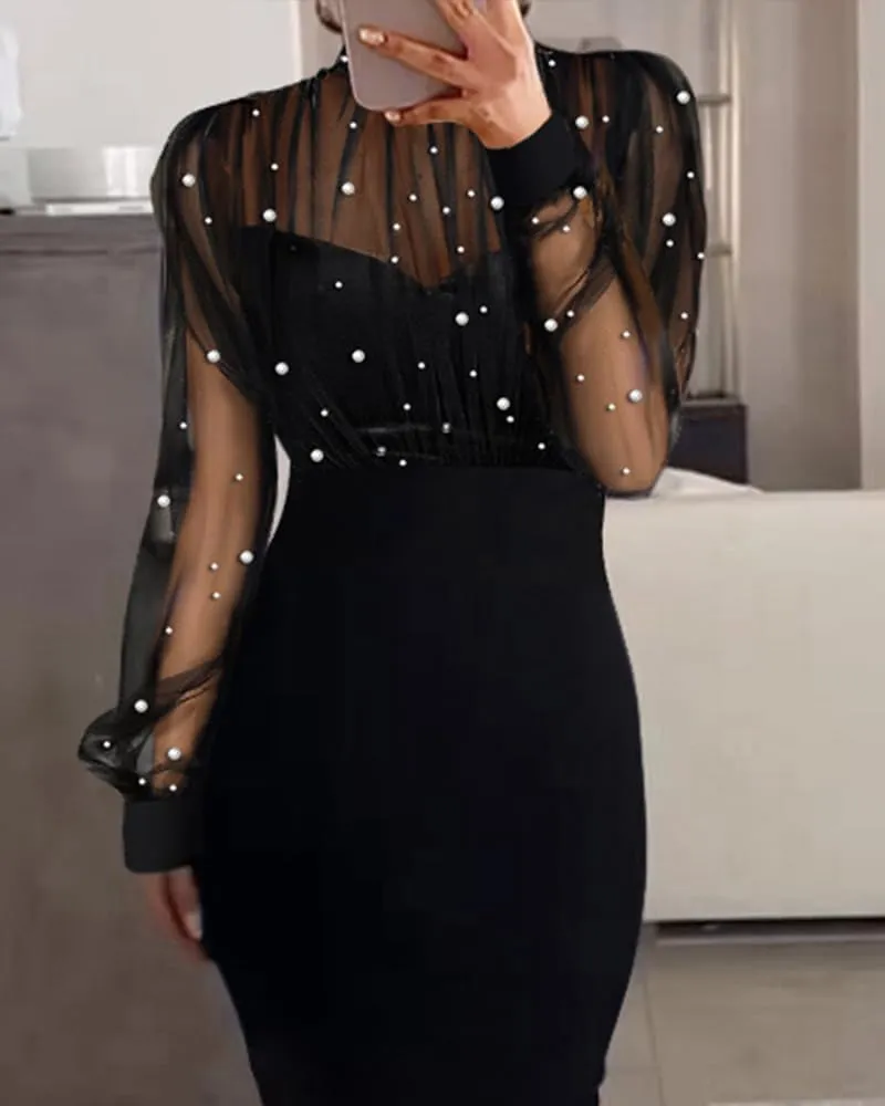CHICME Women's Sexy Bodycon Midi Dress Mock Neck Long Sleeve Sheer Dresses Beaded Night Club Party Dresses