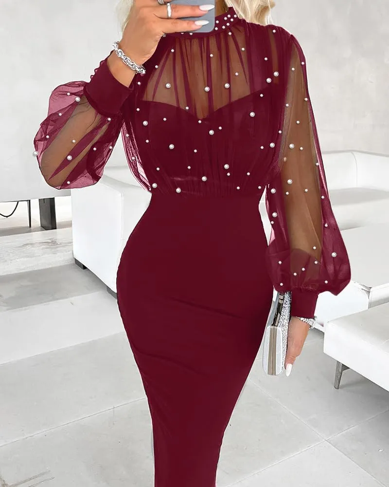 CHICME Women's Sexy Bodycon Midi Dress Mock Neck Long Sleeve Sheer Dresses Beaded Night Club Party Dresses