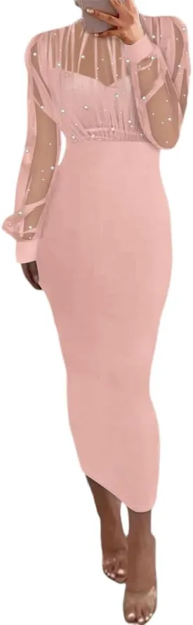 CHICME Women's Sexy Bodycon Midi Dress Mock Neck Long Sleeve Sheer Dresses Beaded Night Club Party Dresses