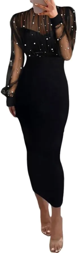 CHICME Women's Sexy Bodycon Midi Dress Mock Neck Long Sleeve Sheer Dresses Beaded Night Club Party Dresses
