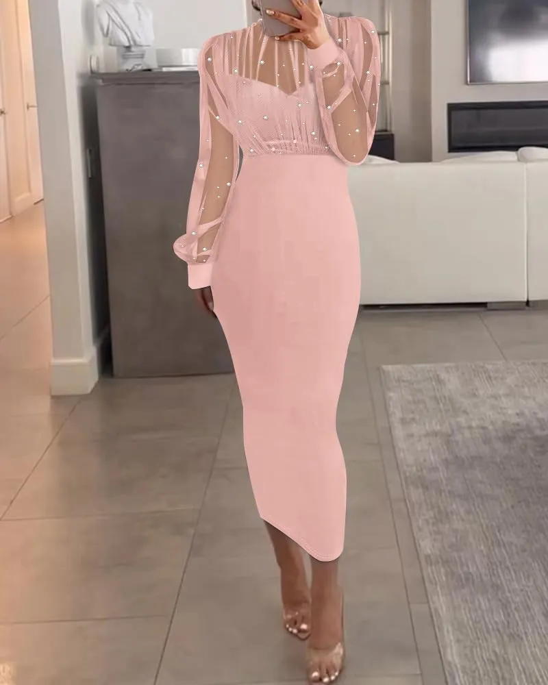 CHICME Women's Sexy Bodycon Midi Dress Mock Neck Long Sleeve Sheer Dresses Beaded Night Club Party Dresses
