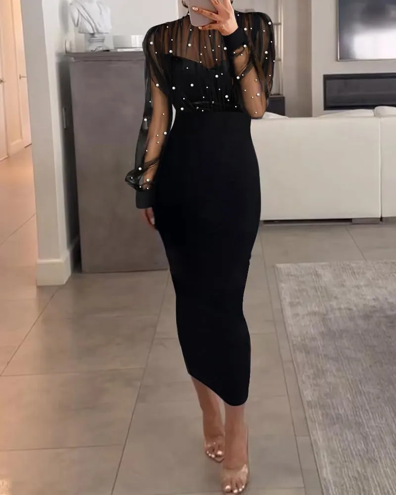 CHICME Women's Sexy Bodycon Midi Dress Mock Neck Long Sleeve Sheer Dresses Beaded Night Club Party Dresses