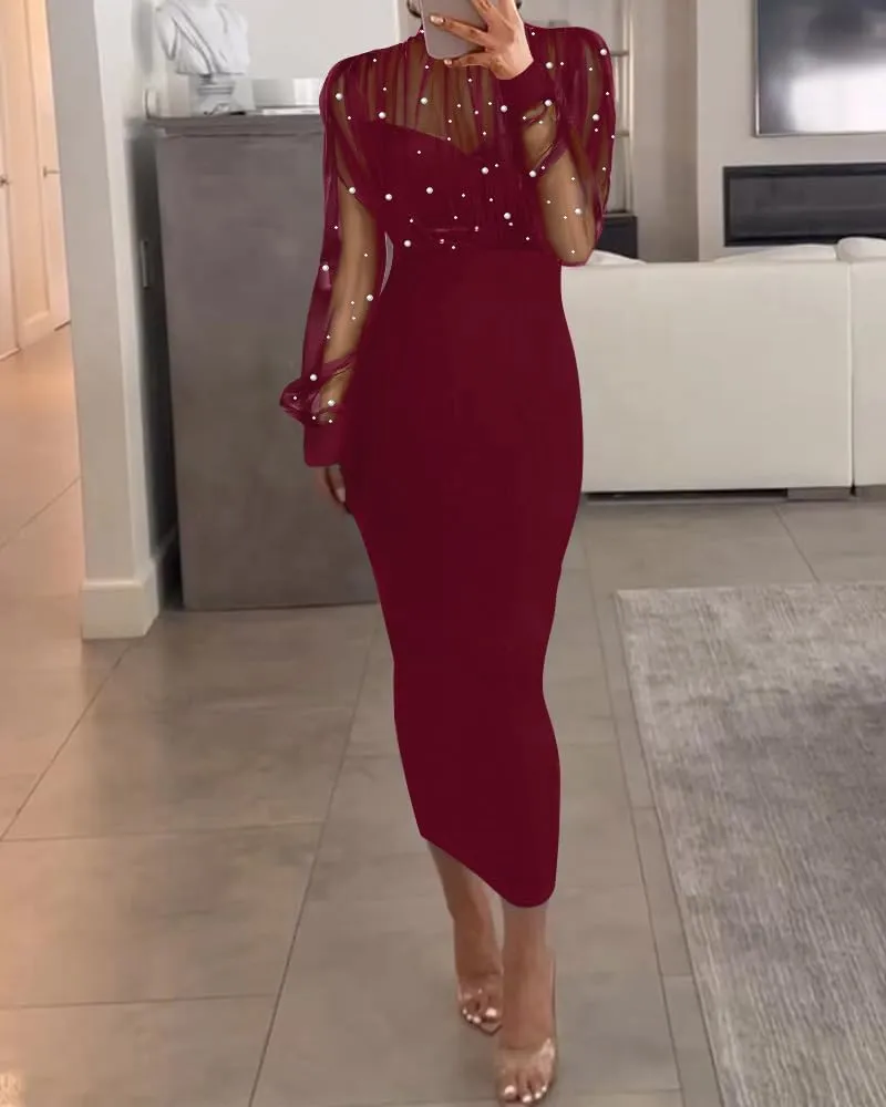 CHICME Women's Sexy Bodycon Midi Dress Mock Neck Long Sleeve Sheer Dresses Beaded Night Club Party Dresses