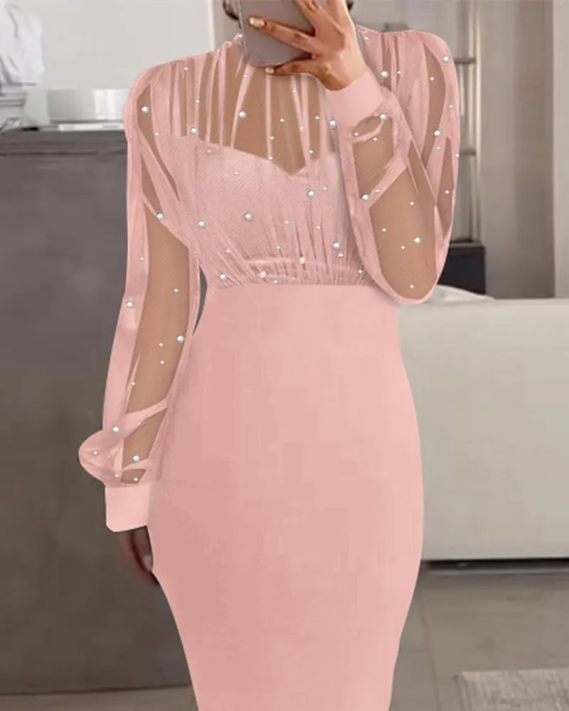 CHICME Women's Sexy Bodycon Midi Dress Mock Neck Long Sleeve Sheer Dresses Beaded Night Club Party Dresses