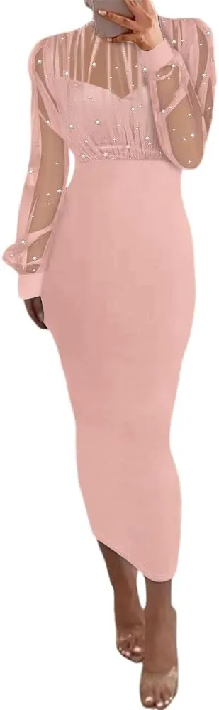 CHICME Women's Sexy Bodycon Midi Dress Mock Neck Long Sleeve Sheer Dresses Beaded Night Club Party Dresses