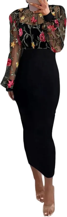 CHICME Women's Sexy Bodycon Midi Dress Mock Neck Long Sleeve Sheer Dresses Beaded Night Club Party Dresses