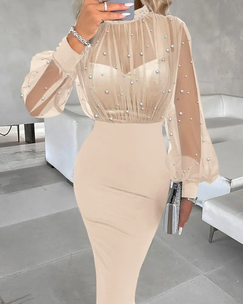 CHICME Women's Sexy Bodycon Midi Dress Mock Neck Long Sleeve Sheer Dresses Beaded Night Club Party Dresses