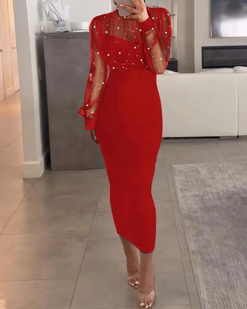 CHICME Women's Sexy Bodycon Midi Dress Mock Neck Long Sleeve Sheer Dresses Beaded Night Club Party Dresses