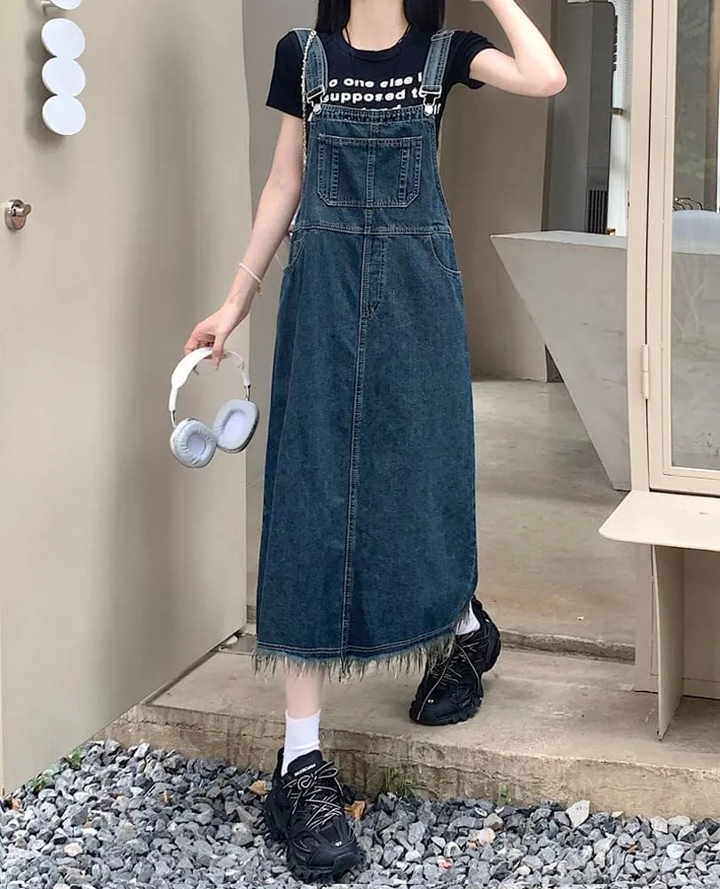 chouyatou Women's Adjustable Strap Denim Bib Overall Dress Distressed Fringe Pinafore Long Jean Dress