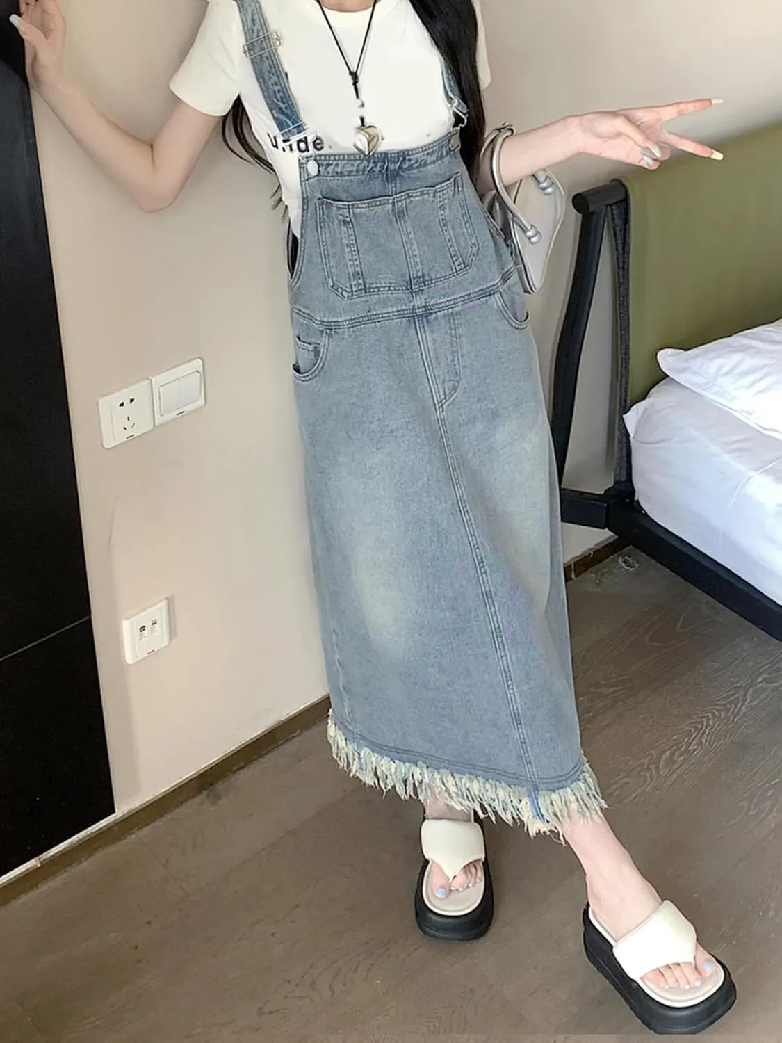 chouyatou Women's Adjustable Strap Denim Bib Overall Dress Distressed Fringe Pinafore Long Jean Dress