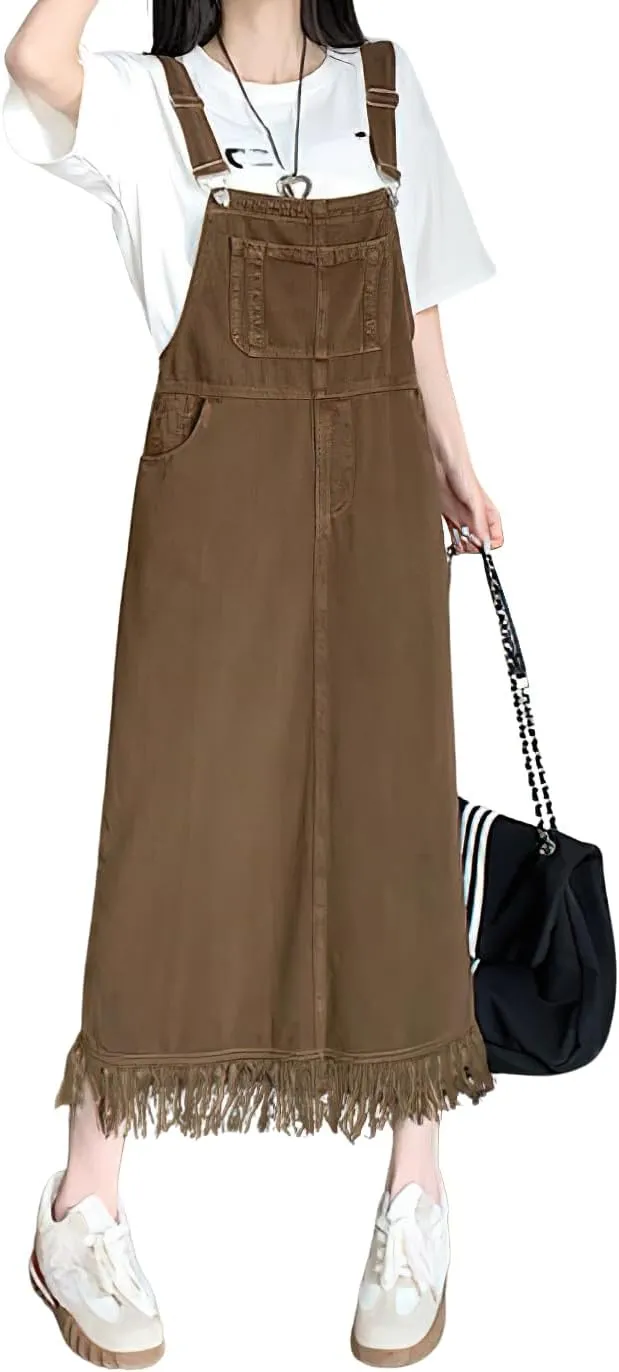 chouyatou Women's Adjustable Strap Denim Bib Overall Dress Distressed Fringe Pinafore Long Jean Dress