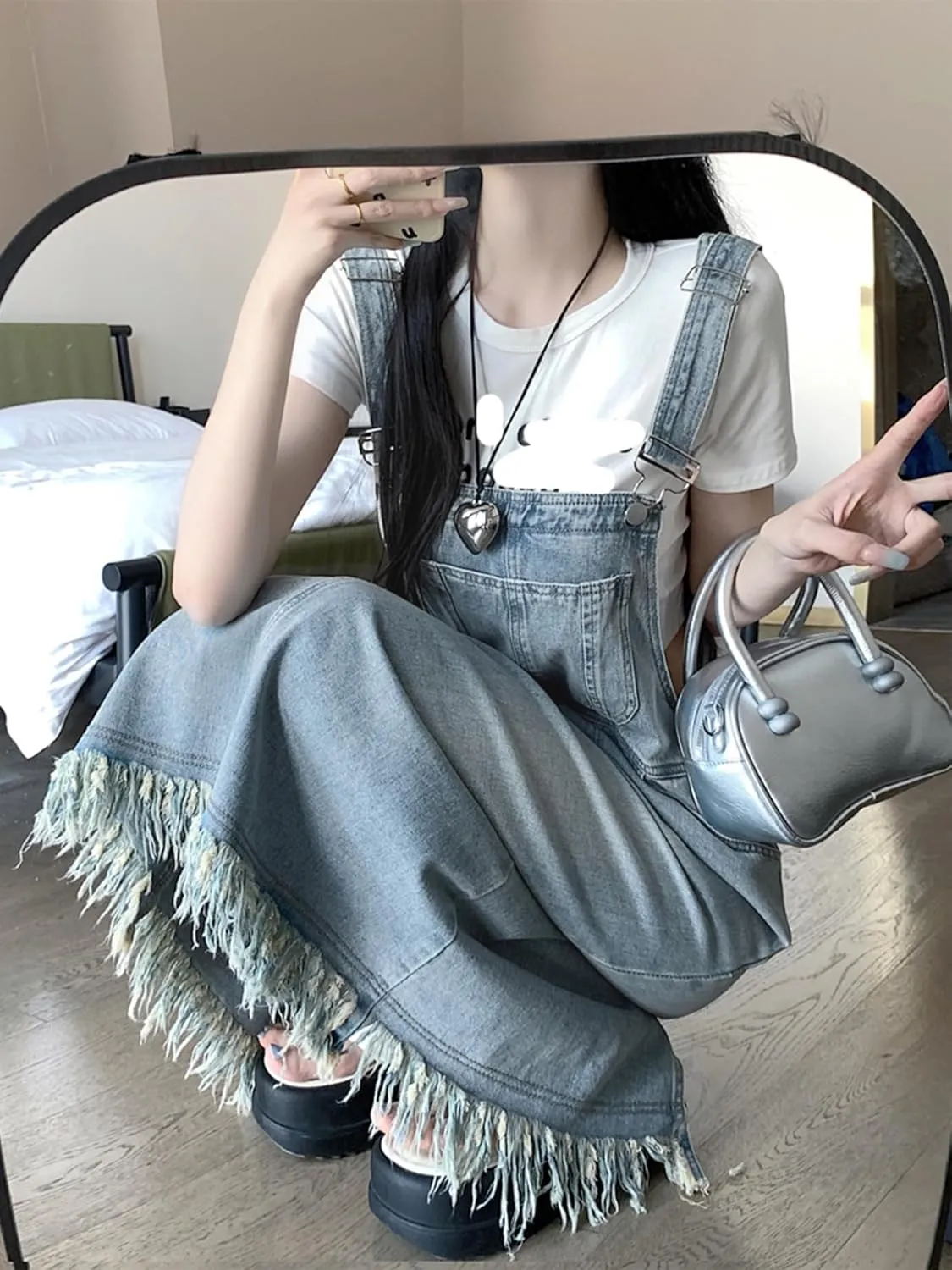 chouyatou Women's Adjustable Strap Denim Bib Overall Dress Distressed Fringe Pinafore Long Jean Dress