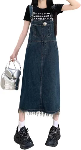 chouyatou Women's Adjustable Strap Denim Bib Overall Dress Distressed Fringe Pinafore Long Jean Dress