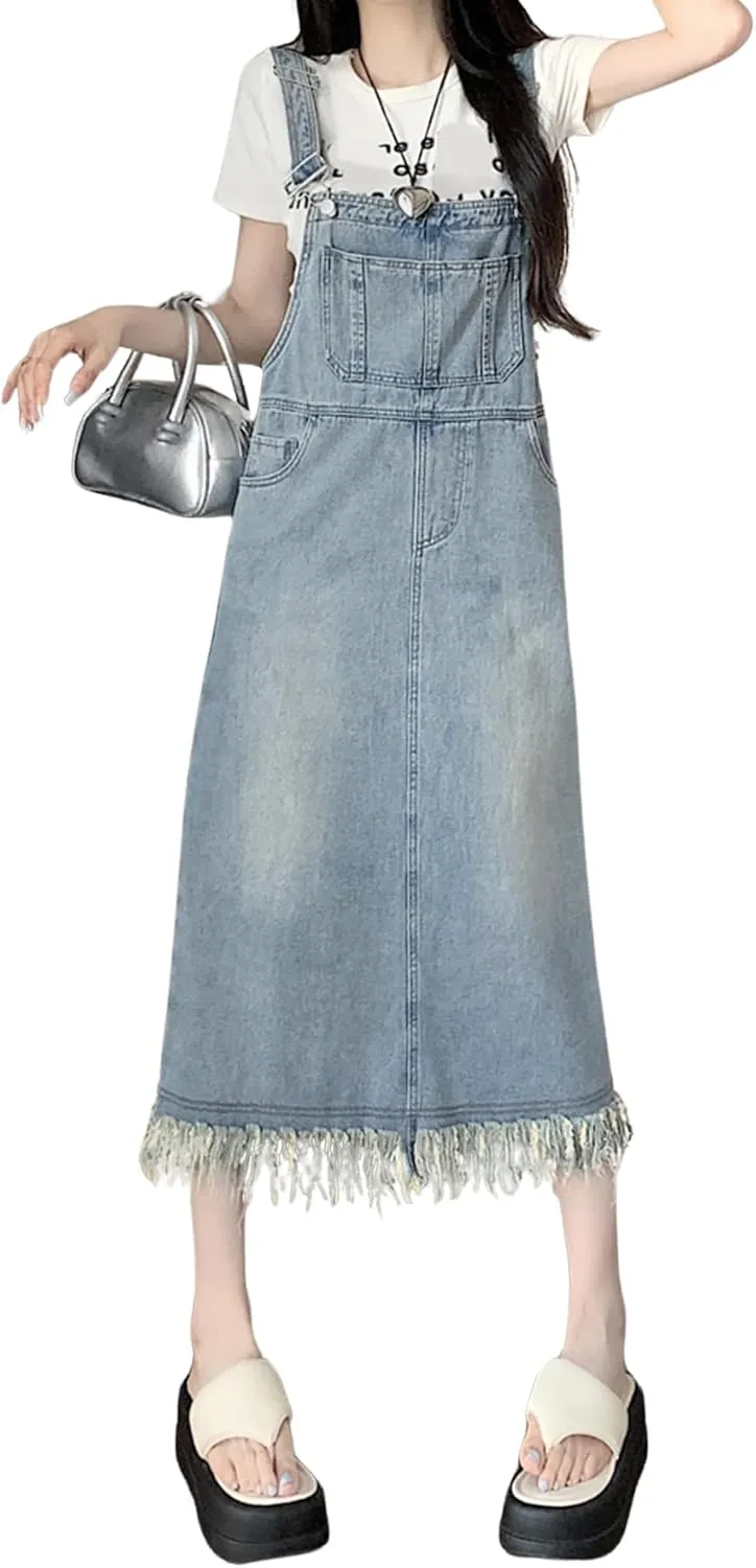 chouyatou Women's Adjustable Strap Denim Bib Overall Dress Distressed Fringe Pinafore Long Jean Dress