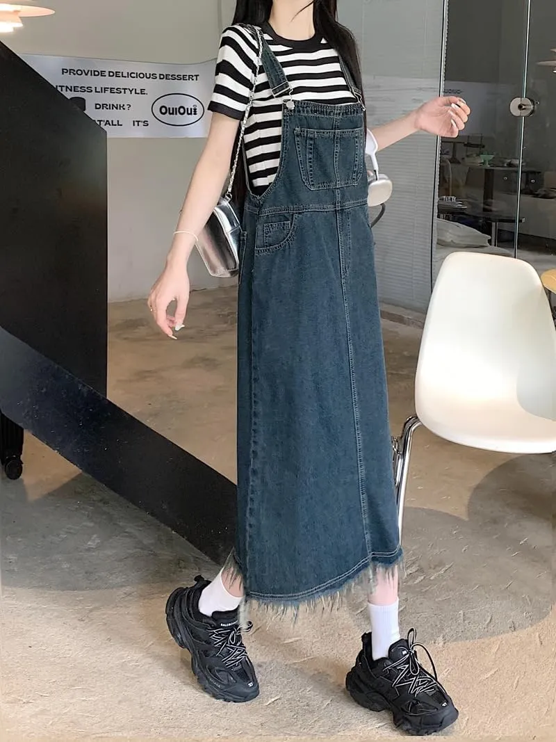 chouyatou Women's Adjustable Strap Denim Bib Overall Dress Distressed Fringe Pinafore Long Jean Dress