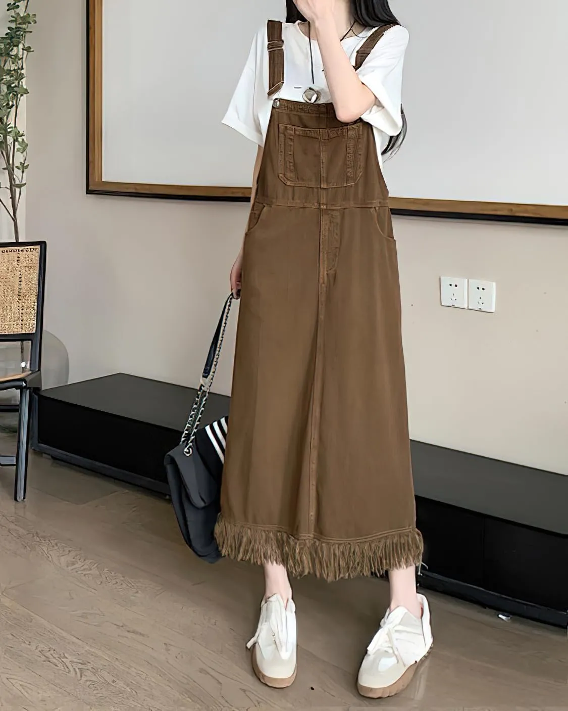 chouyatou Women's Adjustable Strap Denim Bib Overall Dress Distressed Fringe Pinafore Long Jean Dress