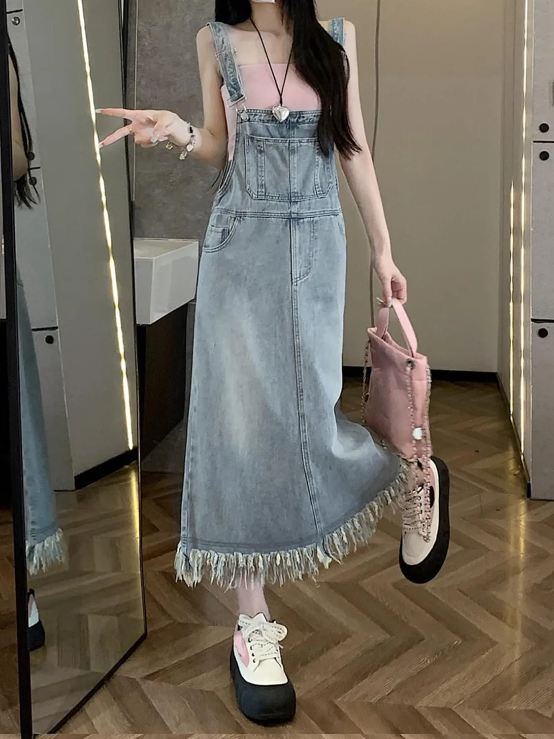 chouyatou Women's Adjustable Strap Denim Bib Overall Dress Distressed Fringe Pinafore Long Jean Dress